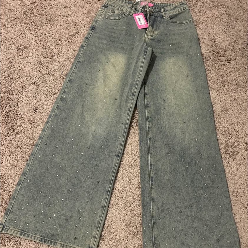 Edikted Blue Wide-Leg Jeans with Embellishments